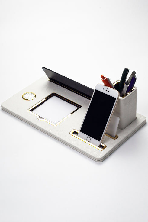 Desktop Nameplate Leather Organizer White Gold Detailed Clock and Pen Holder